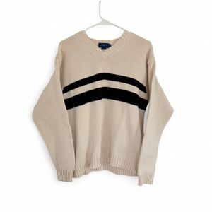 VTG J. Crew Men's Knit Sweater M 100% Cotton White Stripe V Neck USA Made Preppy